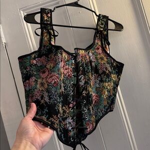 Floral Black Crop Top with Tie Detail